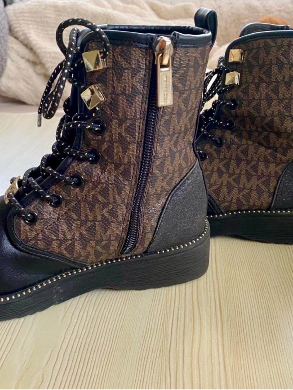 Michael Kors Black and Brown Logo Lace-Up Combat Boots